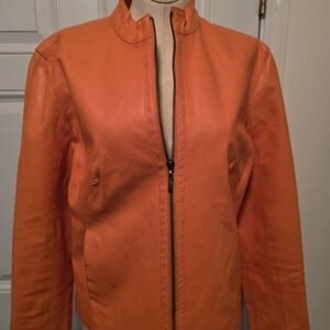 Women's Orange Leather Zip-Front Jacket